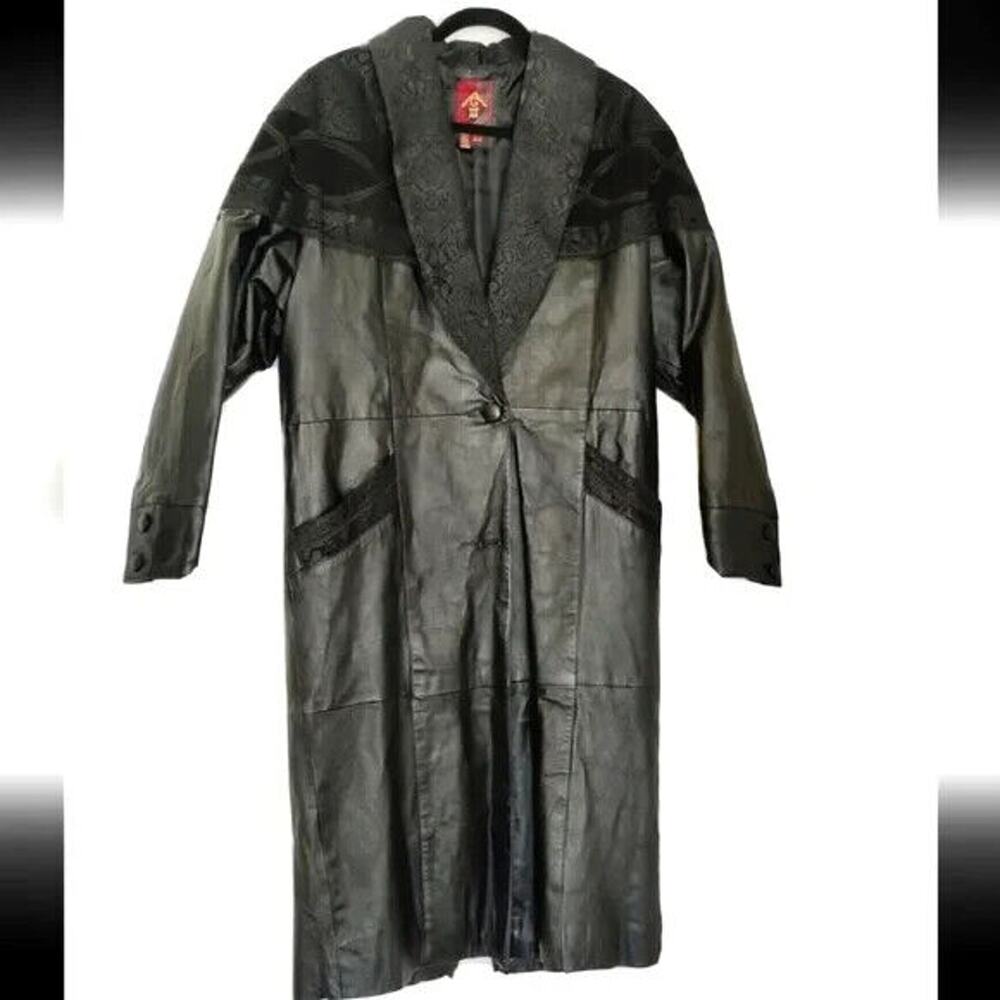 Vintage Black Leather Long Coat Size M petite